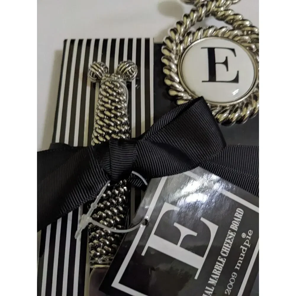MUD PIE Black Marble Charcuterie Cheese Cutting Board Knife Initial E Medallion